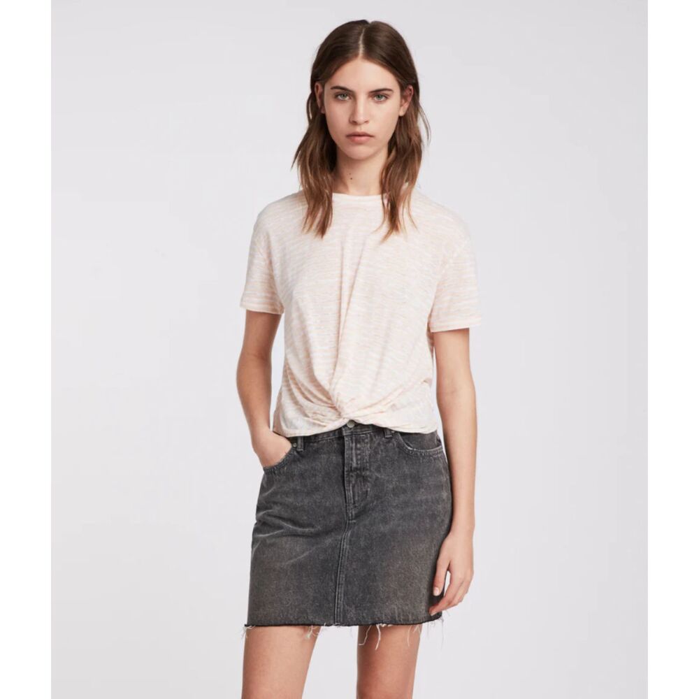All Saints Carme Stripe Tan and White Short Sleeve Knot Lightweight Boxy Tee L